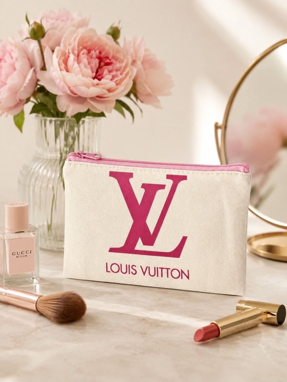 Cream Canvas Cosmetic Bag | 4.5" x 7" Zip Make-up LV Louis Vuitton Monogram Logo